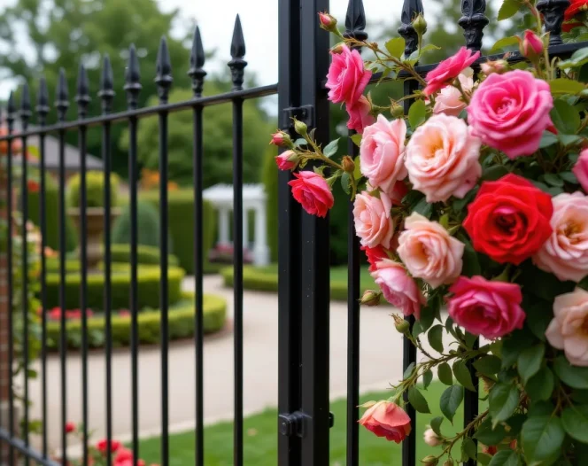 Roses climb gracefully along the spires of a black iron gate, their colors vibrant against the dark metal and the empty garden beyond.